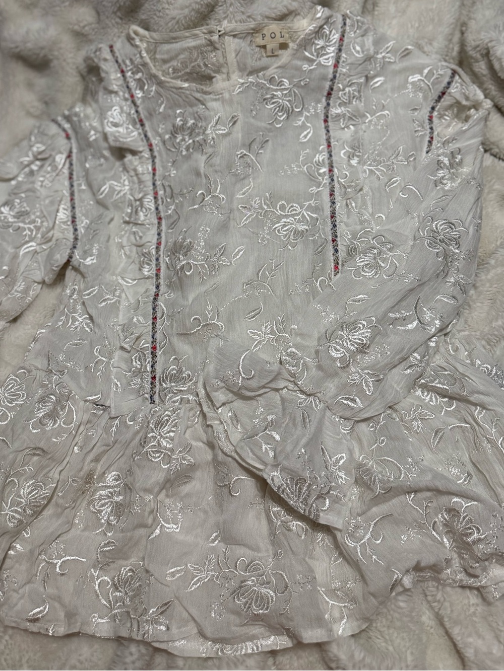 POL Sheer White Embroidered Long-Sleeve Blouse
